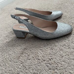 Silver sparkly shoes, low block heel, sling back, almond toe